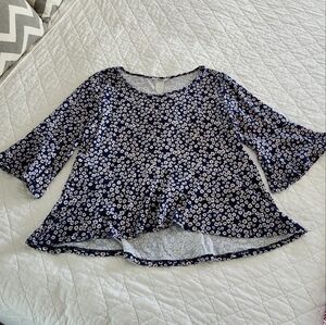 Navy Floral Print Blouse with Bell Sleeves, Size L, Made in USA